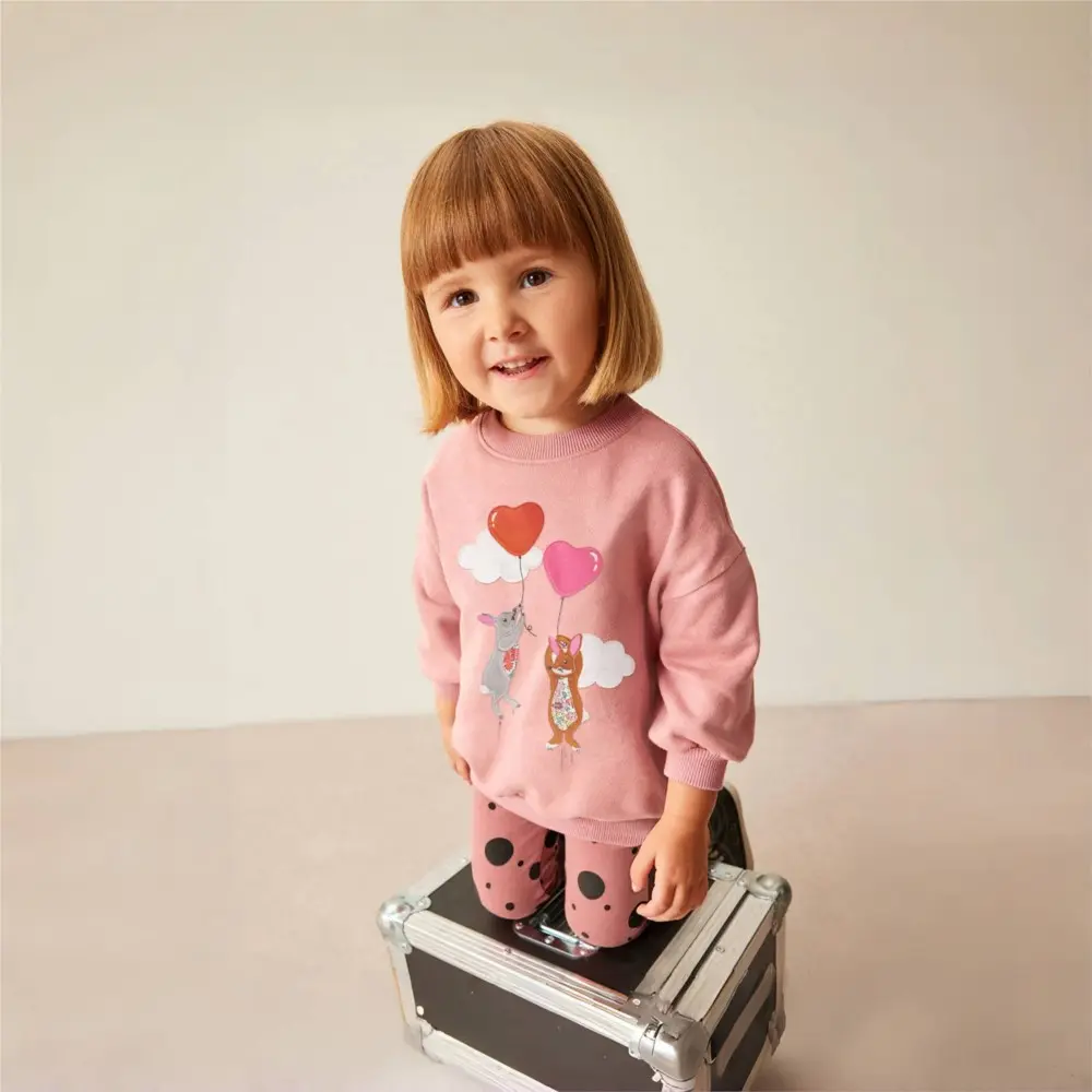2Pcs Sweet Girls' Pink Sweatshirt & Polka Dot Pants Set Long Sleeve Top Adorable Bunny & Heart Balloon Embroidery