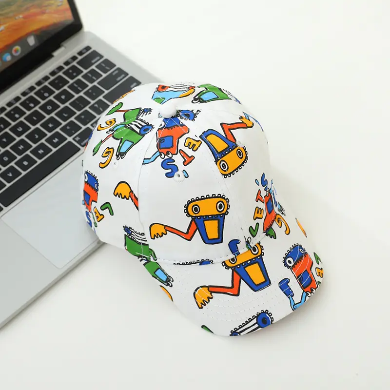 Adjustable Sports Hats Colorful Cartoon Construction Vehicle Patterned Kids' Baseball Caps for 2-8Years