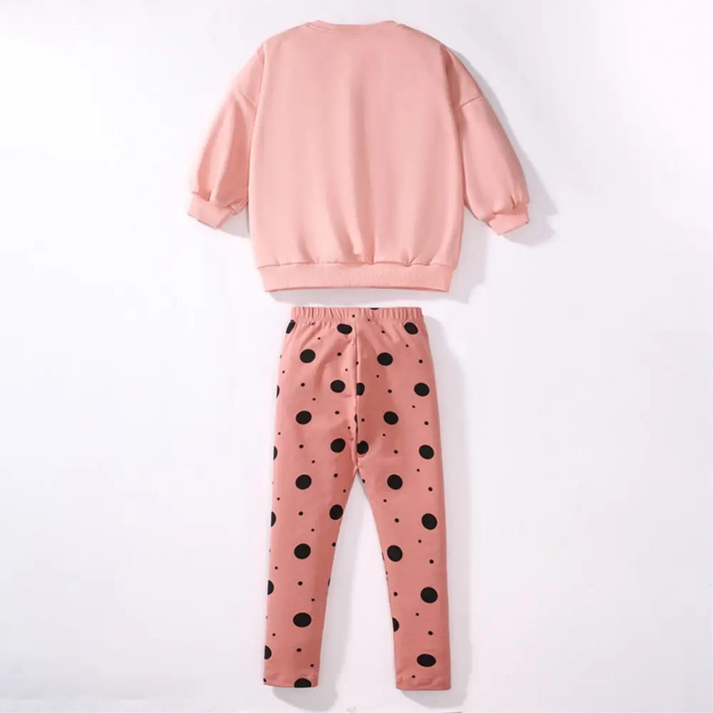 2Pcs Sweet Girls' Pink Sweatshirt & Polka Dot Pants Set Long Sleeve Top Adorable Bunny & Heart Balloon Embroidery