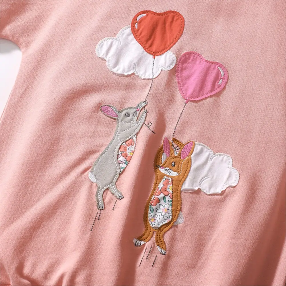 2Pcs Sweet Girls' Pink Sweatshirt & Polka Dot Pants Set Long Sleeve Top Adorable Bunny & Heart Balloon Embroidery