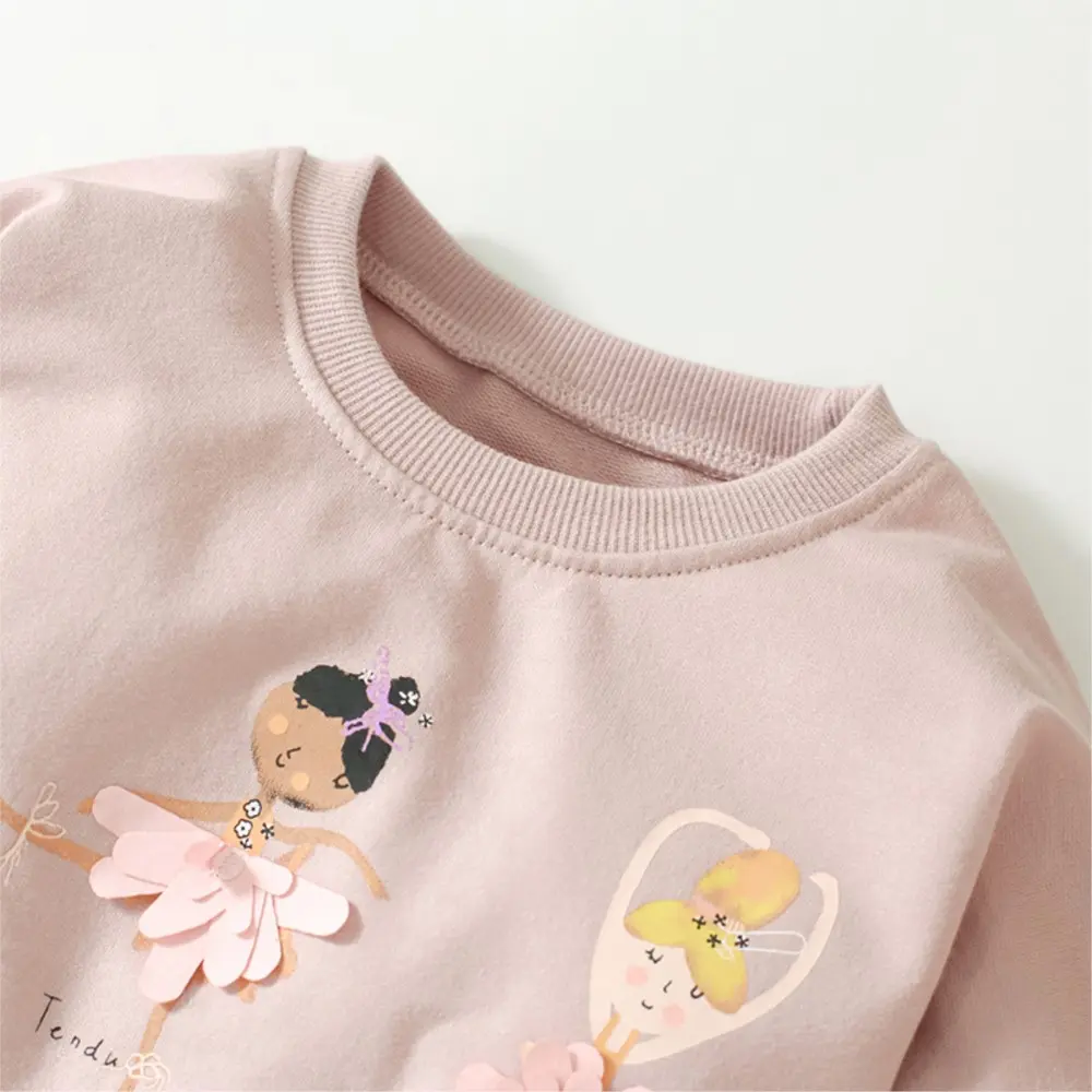 2Pcs Girls' Pink Ballet Themed Outfit Set Long Sleeve Sweatshirt with Ballerina Applique, Matching Leggings