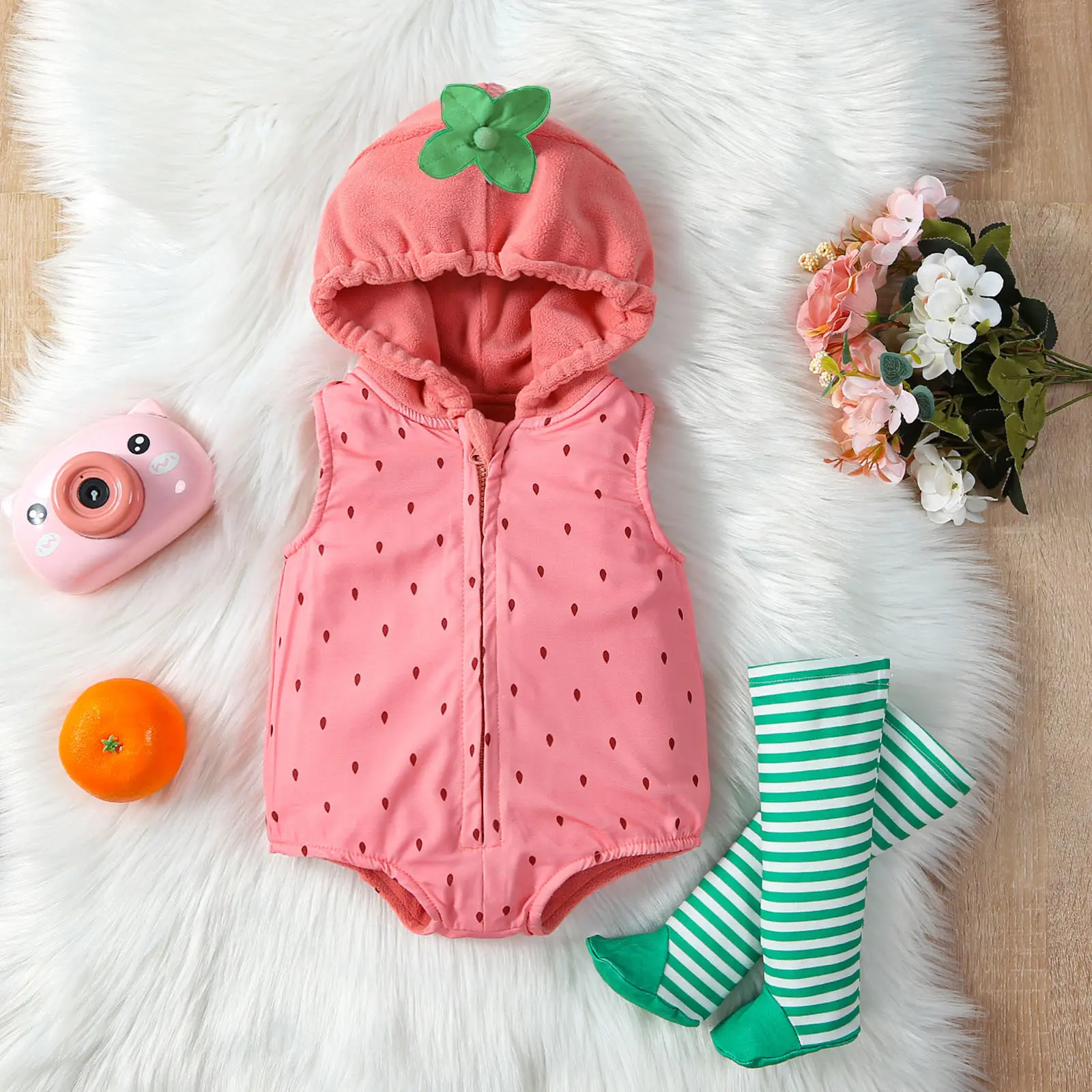 Cute Baby Romper Clothes Set Strawberry Shaped Stage Performance Zip-up Hooded Romper+Striped Stockings Girls Boys Costume