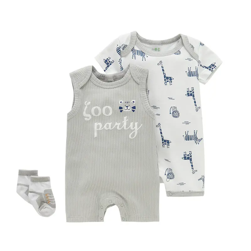 3pcs Baby Romper Set Animal Print Onesie and Sleeveless Romper with Zoo Party Design Trendy and Adorable