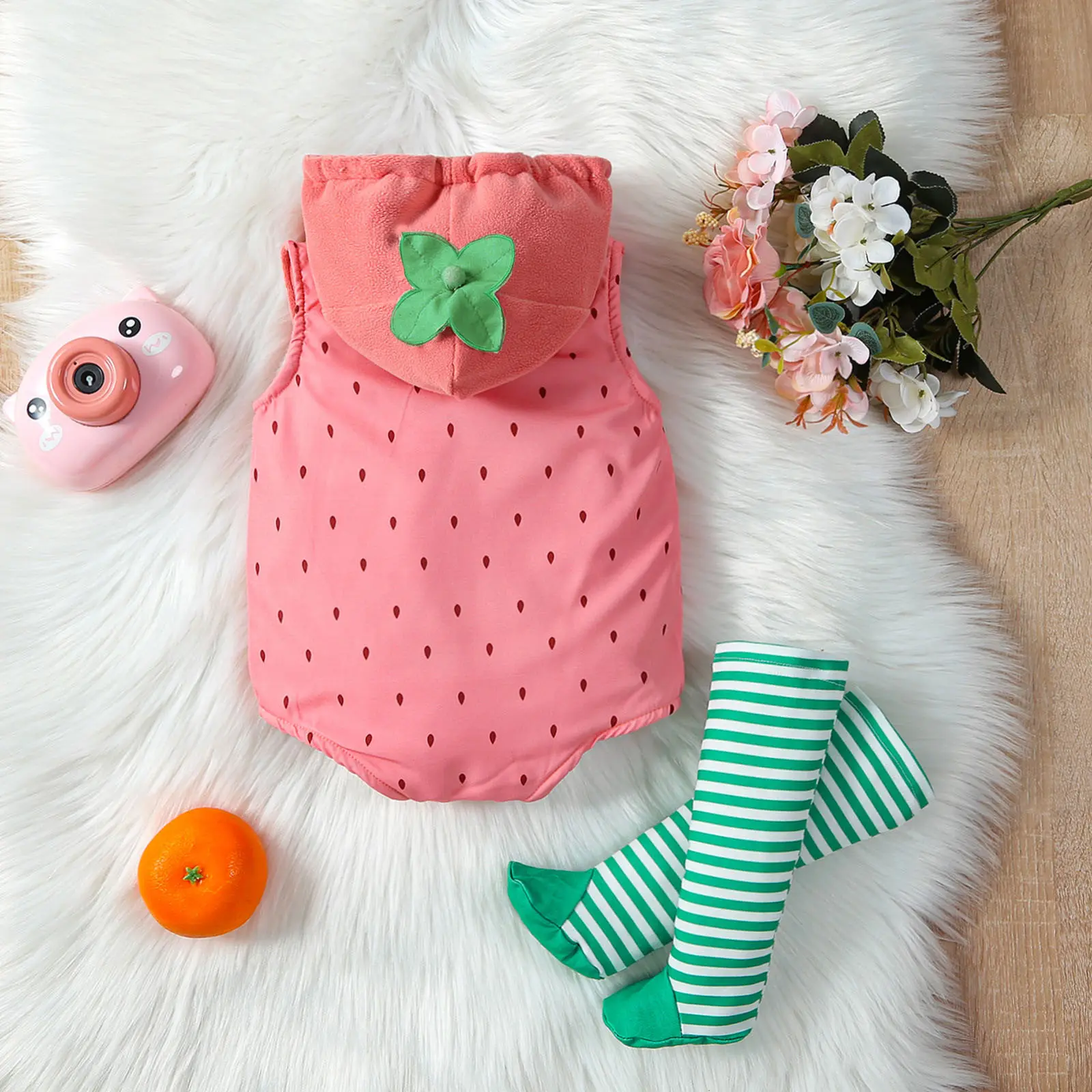 Cute Baby Romper Clothes Set Strawberry Shaped Stage Performance Zip-up Hooded Romper+Striped Stockings Girls Boys Costume