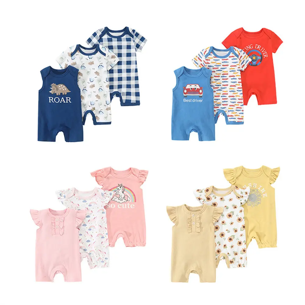 3Pcs Newborn Baby Girl Romper Set Sunflower Prints and Ruffled Sleeves, Soft Cotton Fabric Onesie Bodysuit Set