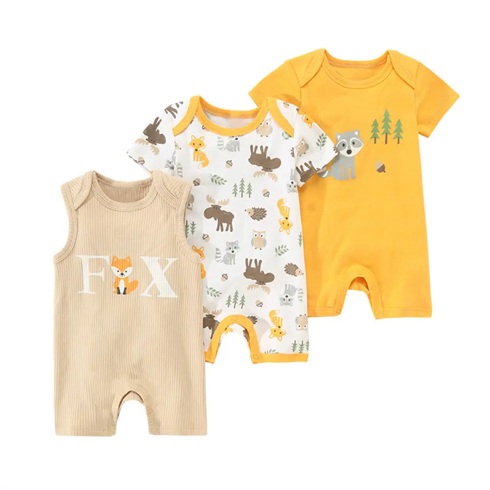 3Pcs Newborn Baby Girl Romper Set Sunflower Prints and Ruffled Sleeves, Soft Cotton Fabric Onesie Bodysuit Set