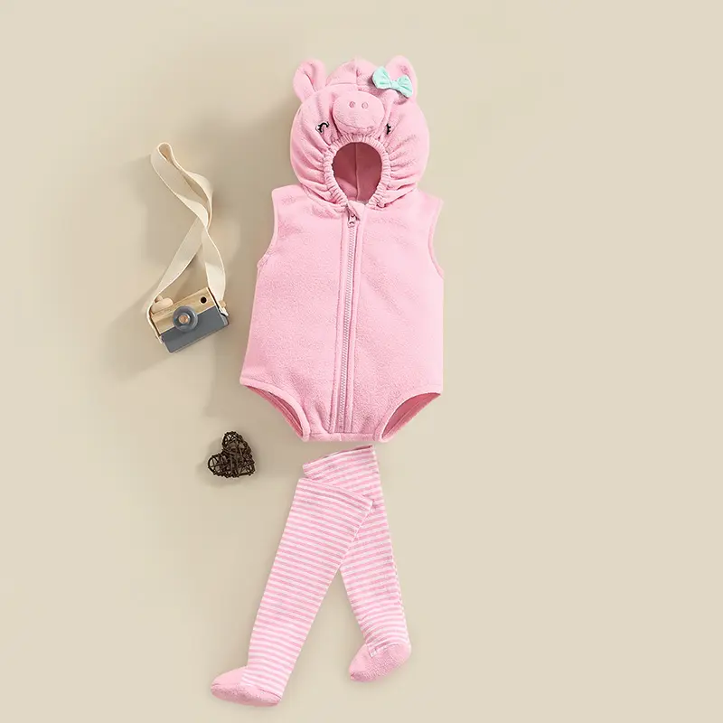 0-24M Pink Cute Newborn Infant Baby Boy Girl Romper Legging Bodysuit Outfit Set Sleeveless Hooed Jumpsuit Animal Clothing