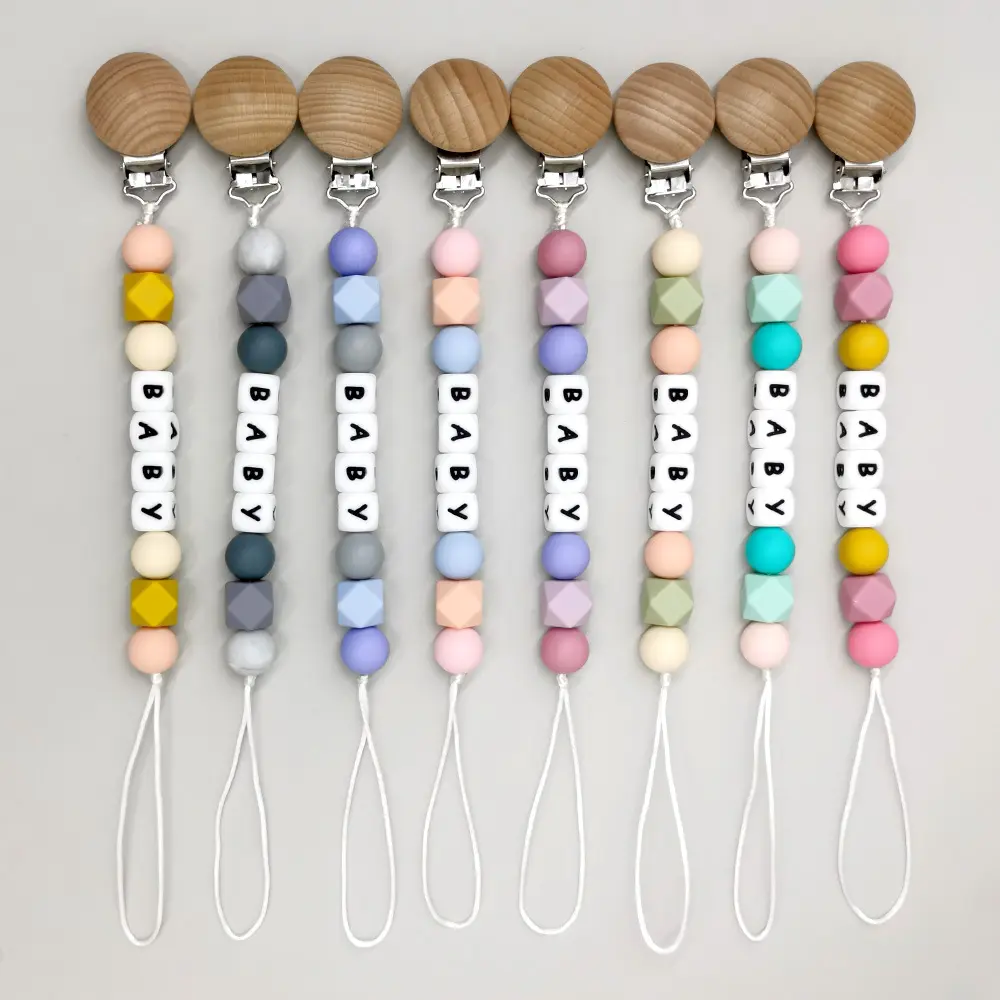 Personalized Name Baby Pacifier Clips Silicone Beads Candy Color Dummy Nipples Holder Newborn Accessories
