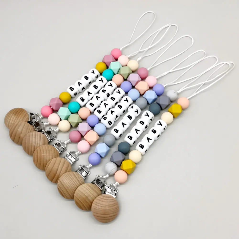 Personalized Name Baby Pacifier Clips Silicone Beads Candy Color Dummy Nipples Holder Newborn Accessories