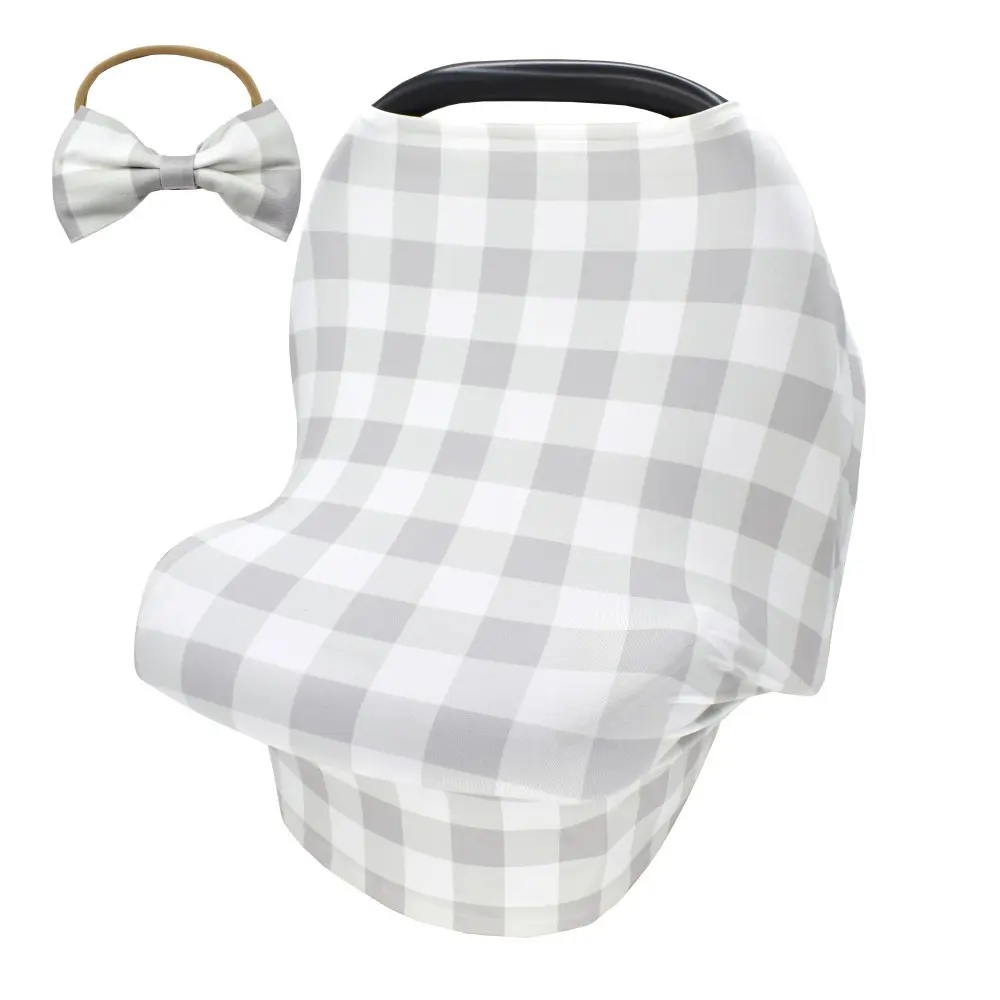 2Pcs Plaid Nursing Breastfeeding Cover with Matching Baby Bow Hairband Set Stretchy Car Seat Cover Baby Carseat Canopy