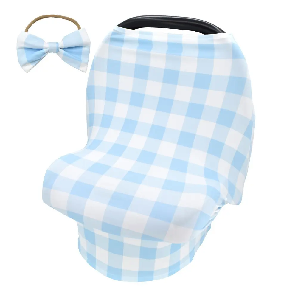 2Pcs Plaid Nursing Breastfeeding Cover with Matching Baby Bow Hairband Set Stretchy Car Seat Cover Baby Carseat Canopy