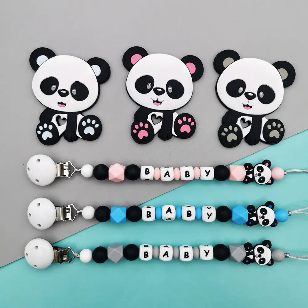 1pc Customized Name Baby Pacifier Clips Chain Silicone Beads Panda Teether Toys Dummy Holder English Name Pacifier Chain Gift
