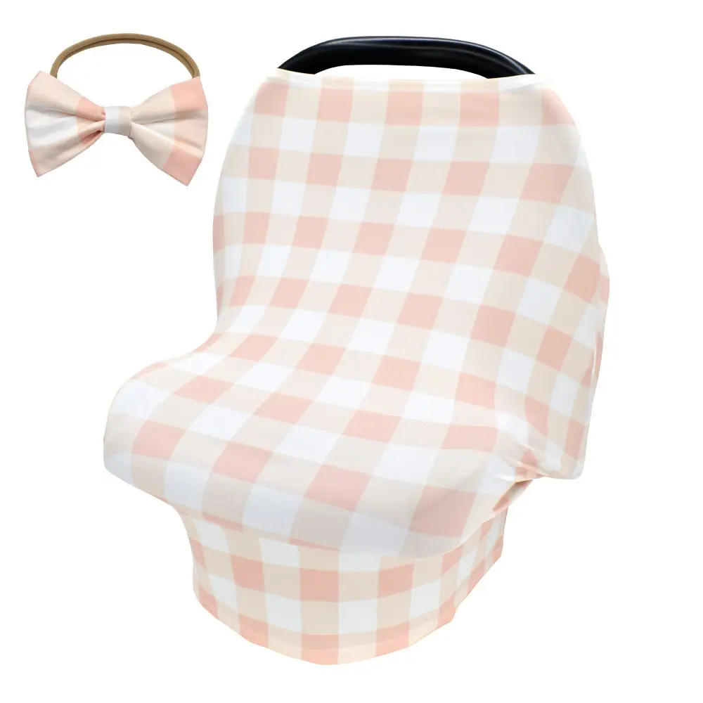 2Pcs Plaid Nursing Breastfeeding Cover with Matching Baby Bow Hairband Set Stretchy Car Seat Cover Baby Carseat Canopy