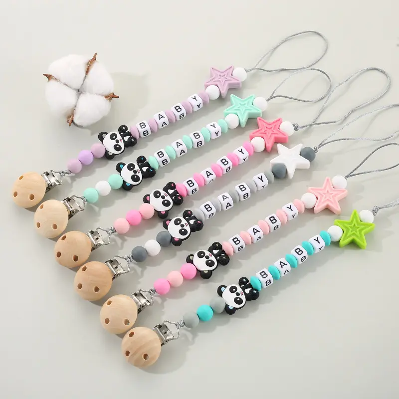Baby Pacifier Clips Personalized Name Silicone Panda Cartoon Teething Toys Dummy Nipples Holder Chain Newborn Accessories