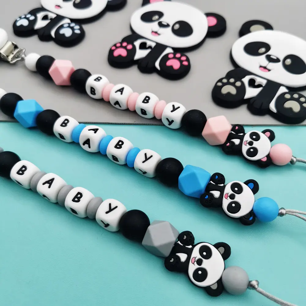 1pc Customized Name Baby Pacifier Clips Chain Silicone Beads Panda Teether Toys Dummy Holder English Name Pacifier Chain Gift