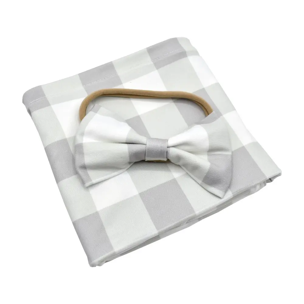 2Pcs Plaid Nursing Breastfeeding Cover with Matching Baby Bow Hairband Set Stretchy Car Seat Cover Baby Carseat Canopy
