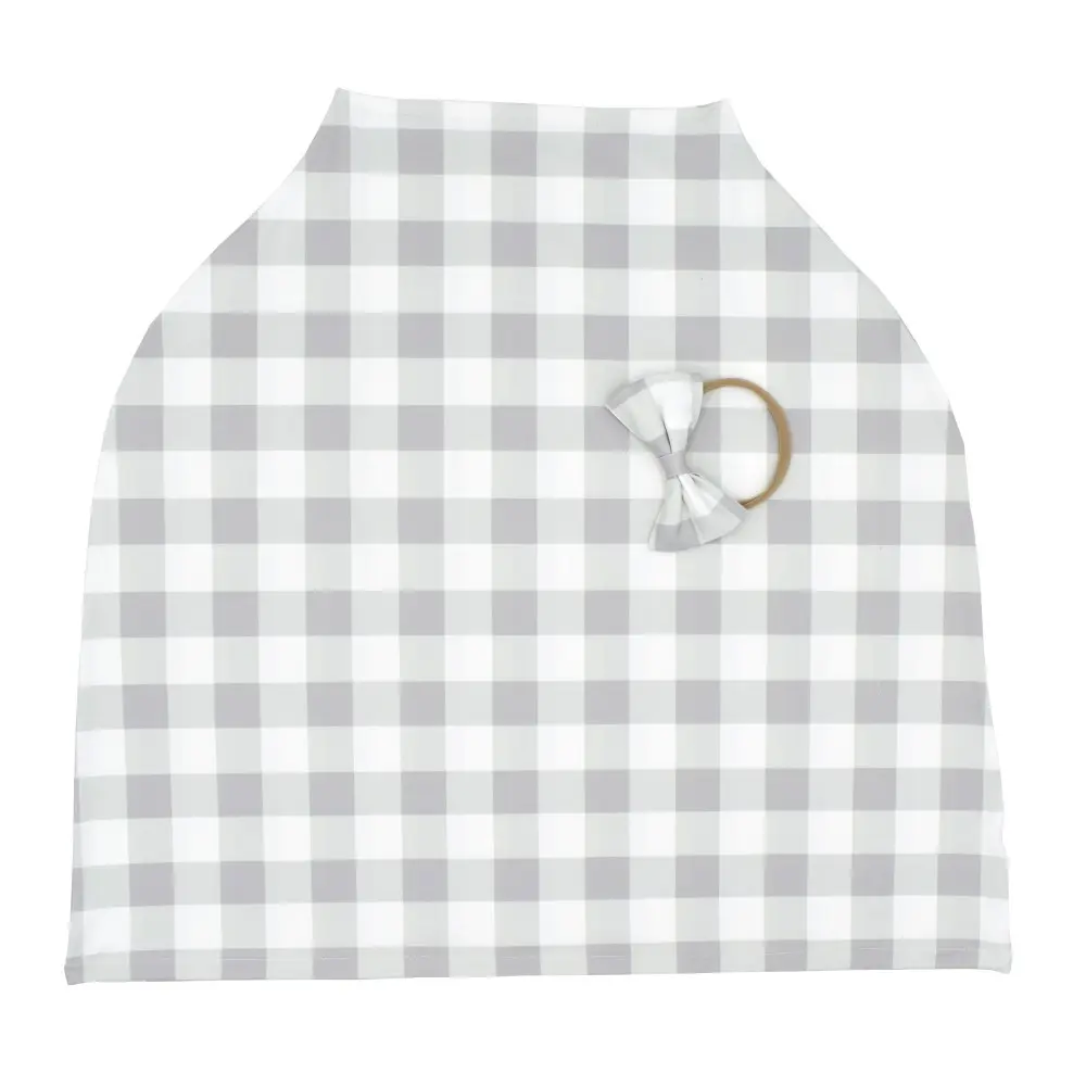 2Pcs Plaid Nursing Breastfeeding Cover with Matching Baby Bow Hairband Set Stretchy Car Seat Cover Baby Carseat Canopy