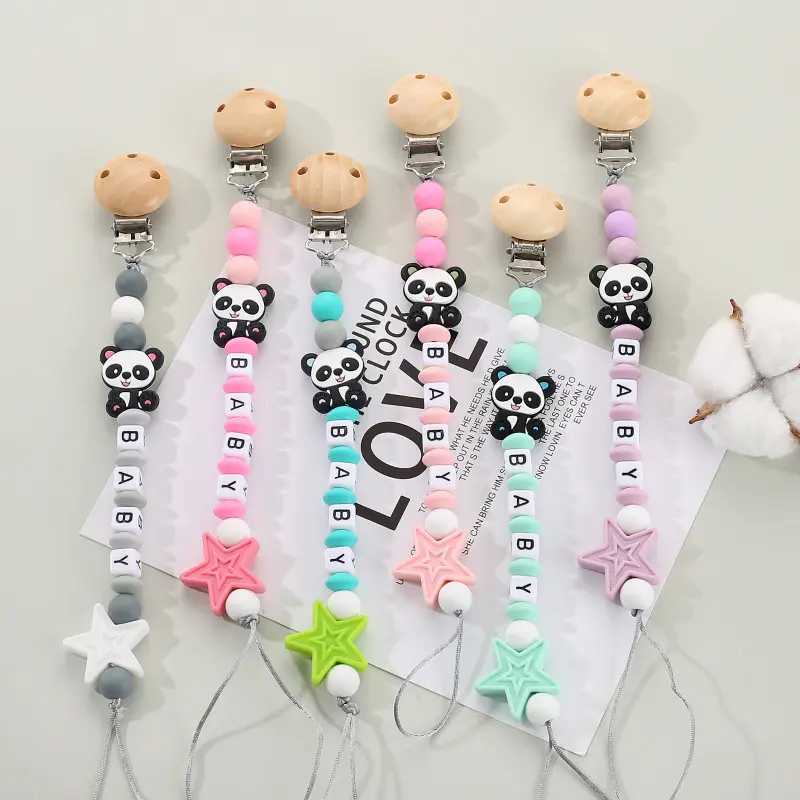 Baby Pacifier Clips Personalized Name Silicone Panda Cartoon Teething Toys Dummy Nipples Holder Chain Newborn Accessories