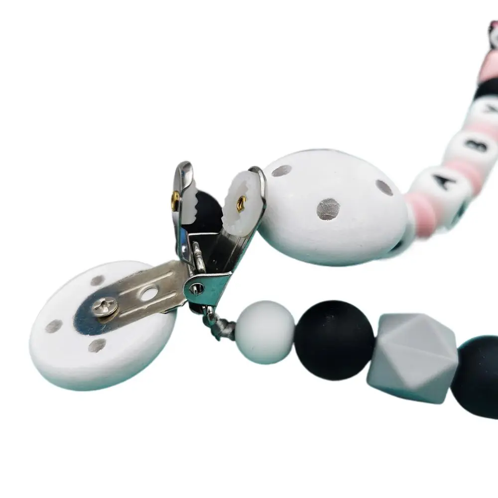 1pc Customized Name Baby Pacifier Clips Chain Silicone Beads Panda Teether Toys Dummy Holder English Name Pacifier Chain Gift
