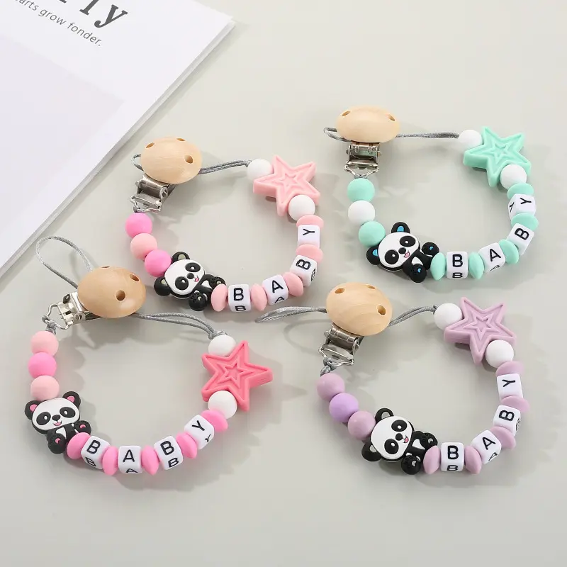 Baby Pacifier Clips Personalized Name Silicone Panda Cartoon Teething Toys Dummy Nipples Holder Chain Newborn Accessories