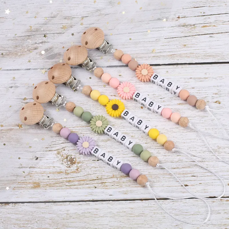 Personalized Baby Pacifier Chain Silicone Daisy Dummy Holder Chain For Handmade Wooden Baby Nipple Clips Nursing Chew Toys