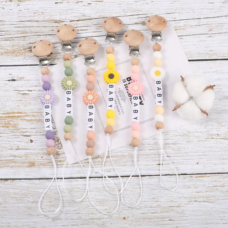 Personalized Baby Pacifier Chain Silicone Daisy Dummy Holder Chain For Handmade Wooden Baby Nipple Clips Nursing Chew Toys