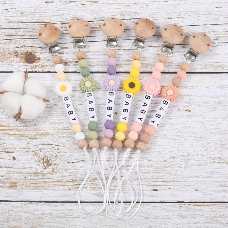 Personalized Baby Pacifier Chain Silicone Daisy Dummy Holder Chain For Handmade Wooden Baby Nipple Clips Nursing Chew Toys