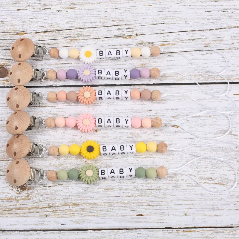 Personalized Baby Pacifier Chain Silicone Daisy Dummy Holder Chain For Handmade Wooden Baby Nipple Clips Nursing Chew Toys
