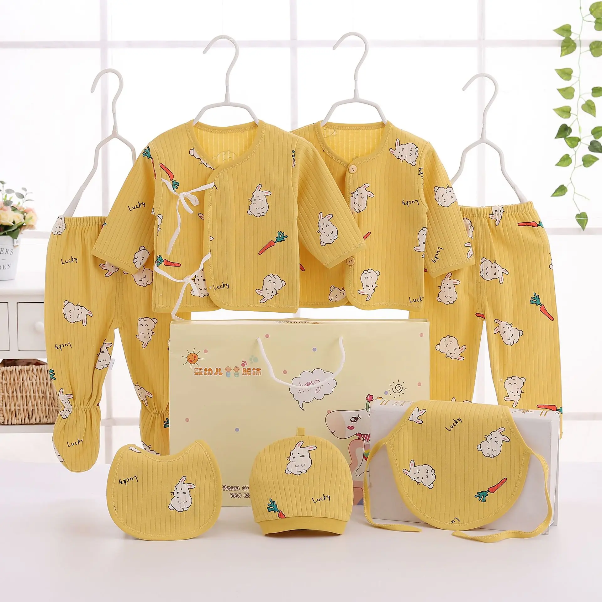7Pcs Autumn Newborn Stuff Clothes Cartoon Cute Cotton T-shirt+Pants+Hats Baby Boys Girls Clothing Set