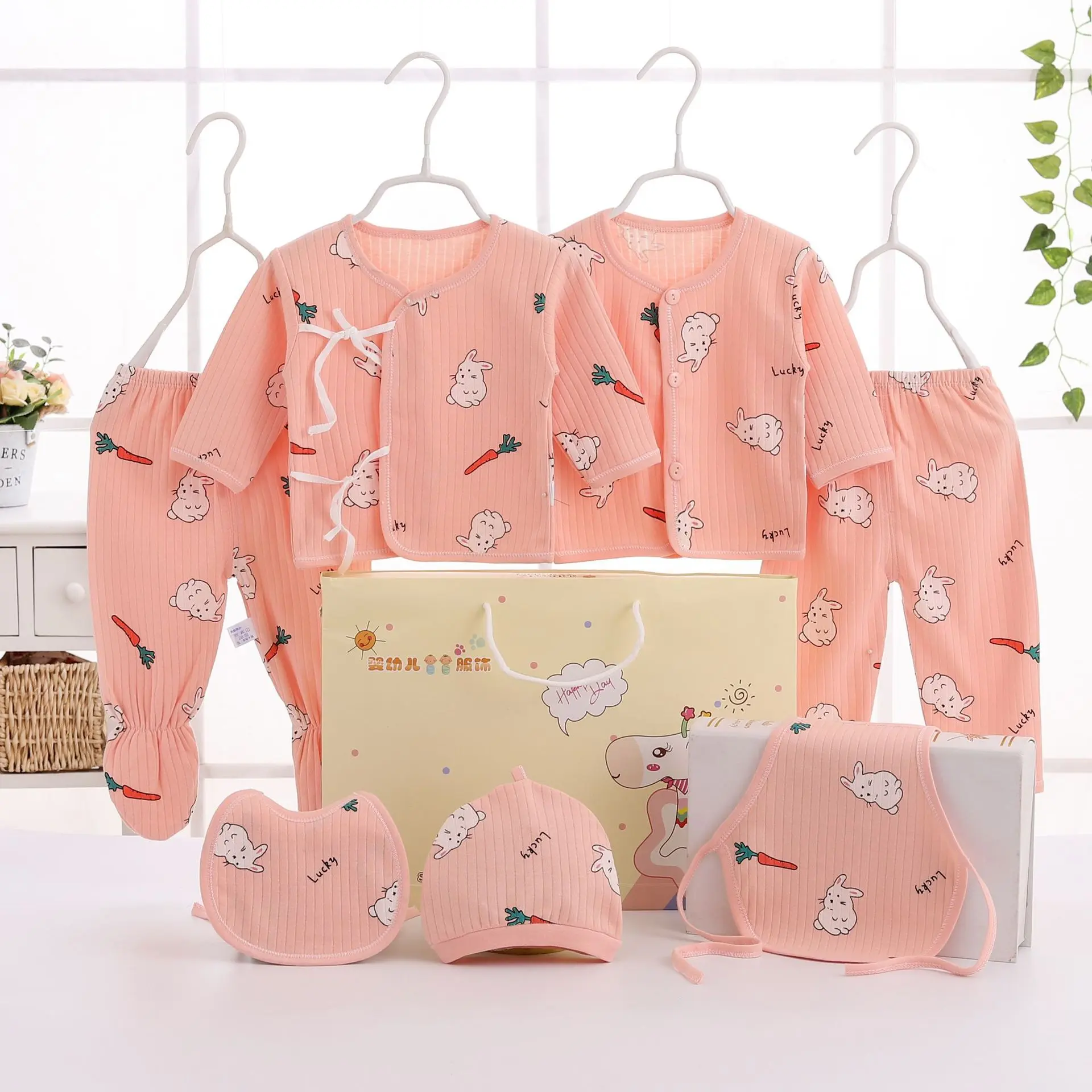 7Pcs Autumn Newborn Stuff Clothes Cartoon Cute Cotton T-shirt+Pants+Hats Baby Boys Girls Clothing Set