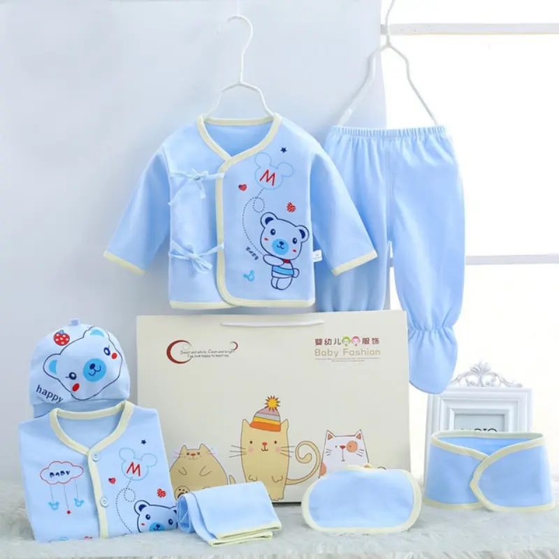7Pcs Autumn Newborn Stuff Clothes Cartoon Cute Cotton T-shirt+Pants+Hats Baby Boys Girls Clothing Set