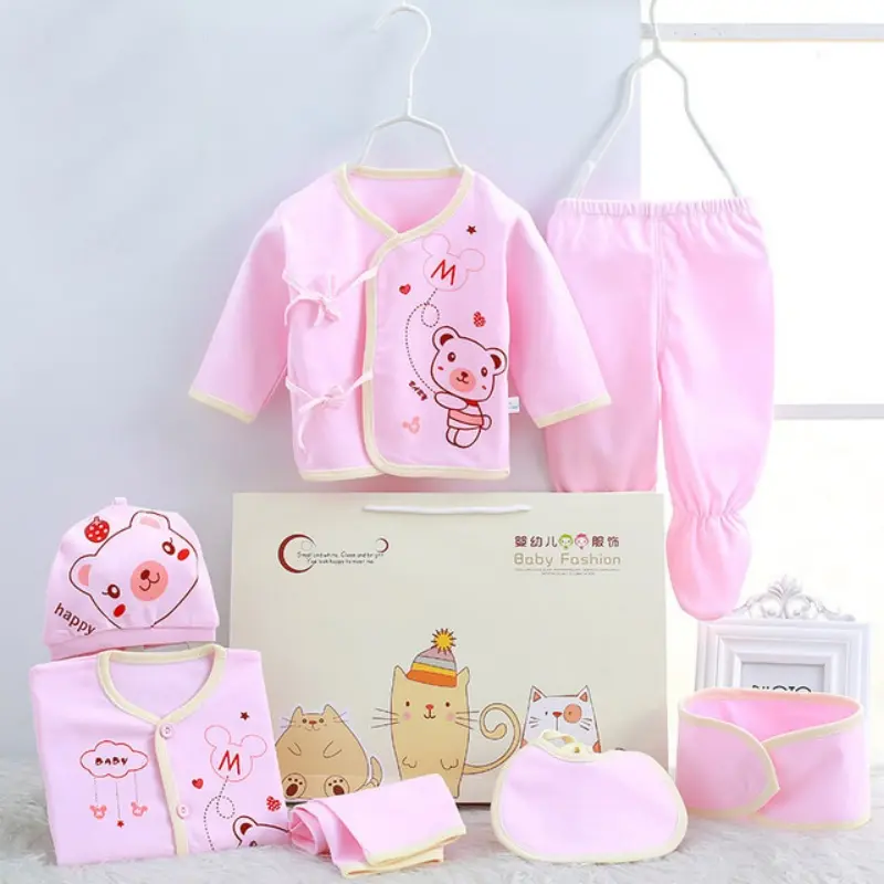 7Pcs Autumn Newborn Stuff Clothes Cartoon Cute Cotton T-shirt+Pants+Hats Baby Boys Girls Clothing Set