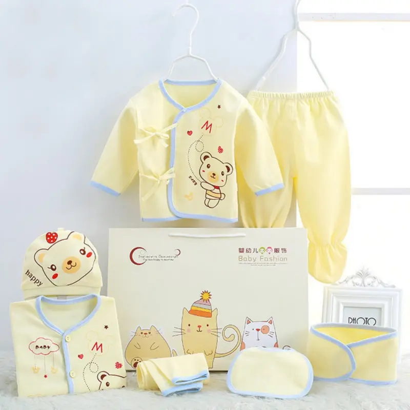 7Pcs Autumn Newborn Stuff Clothes Cartoon Cute Cotton T-shirt+Pants+Hats Baby Boys Girls Clothing Set