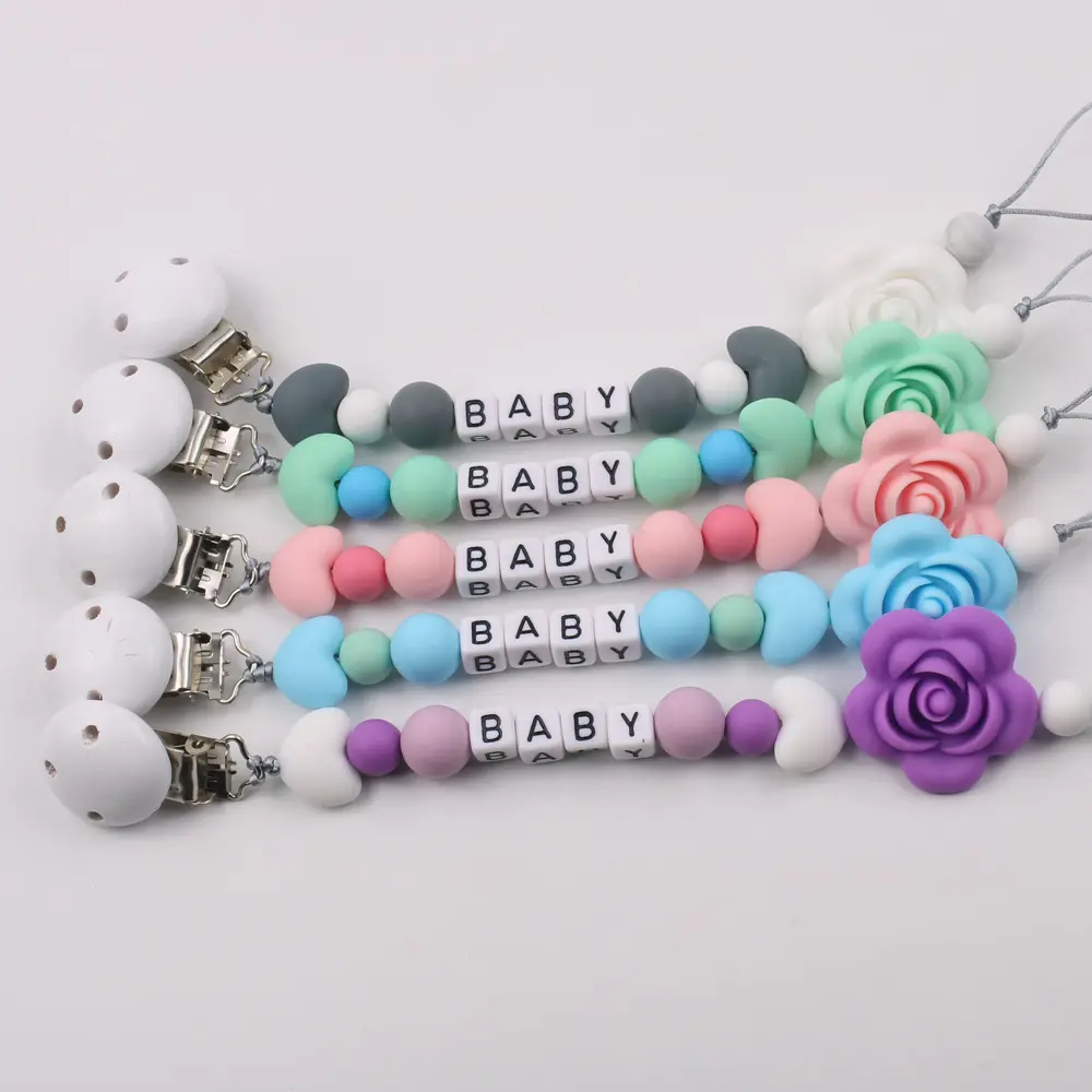 Baby Pacifier Clips Personalized Name Silicone Flower Teether Newborn Teething Toys Dummy Nipples Holder Clip Chain Accessories