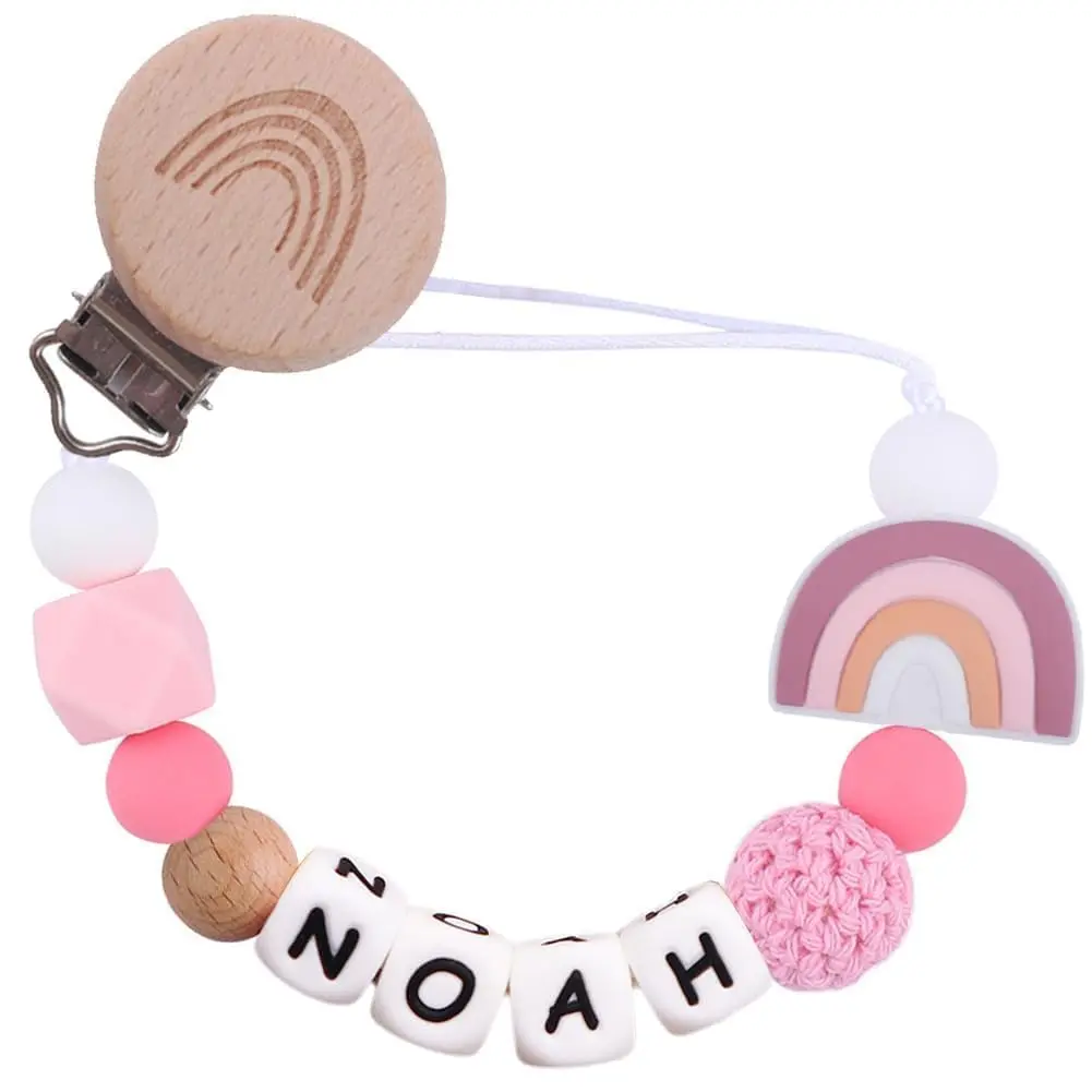 Custom Name Rainbow Baby Pacifier Chain Silicone & Crochet Beads Soother Holder for Boys Girls