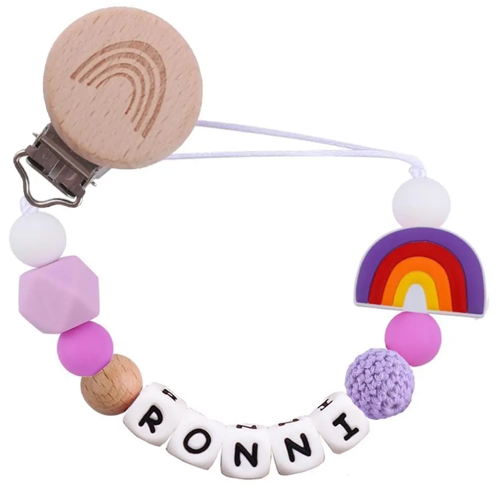 Custom Name Rainbow Baby Pacifier Chain Silicone & Crochet Beads Soother Holder for Boys Girls