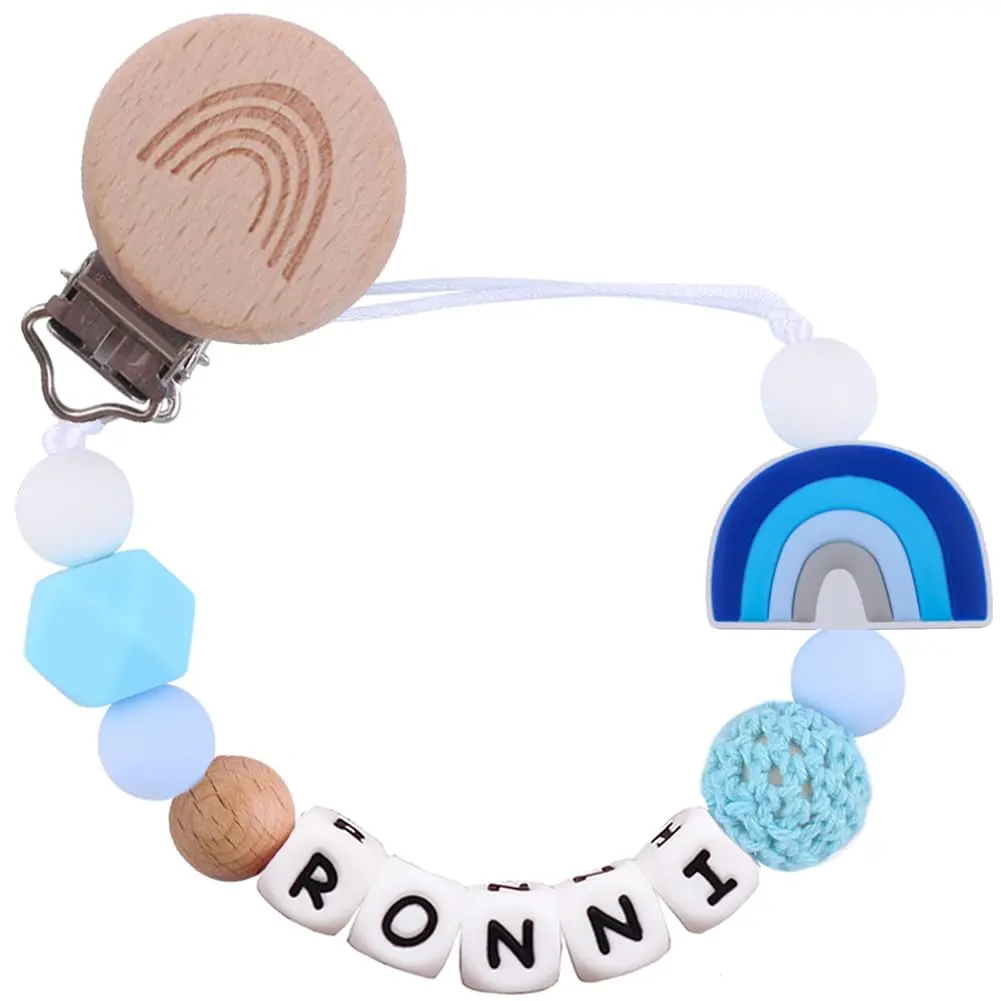 Custom Name Rainbow Baby Pacifier Chain Silicone & Crochet Beads Soother Holder for Boys Girls