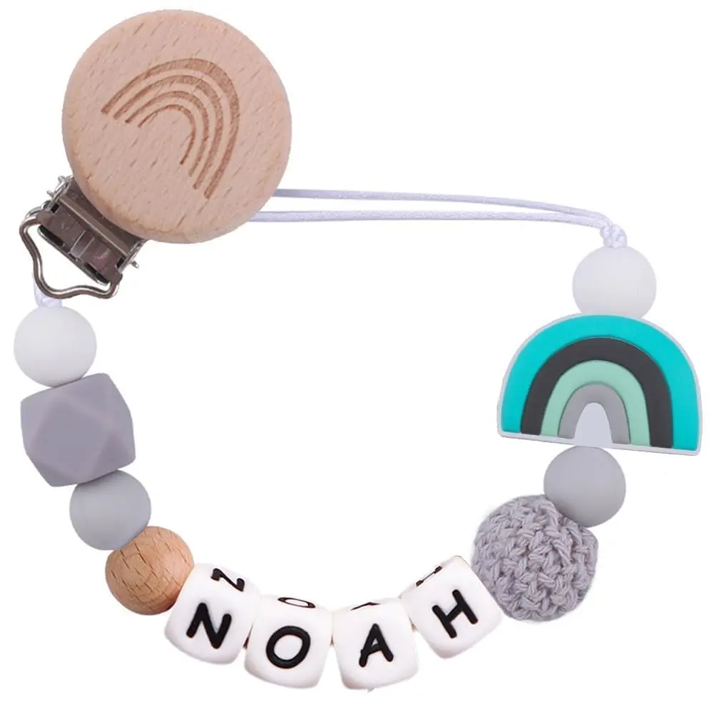 Custom Name Rainbow Baby Pacifier Chain Silicone & Crochet Beads Soother Holder for Boys Girls