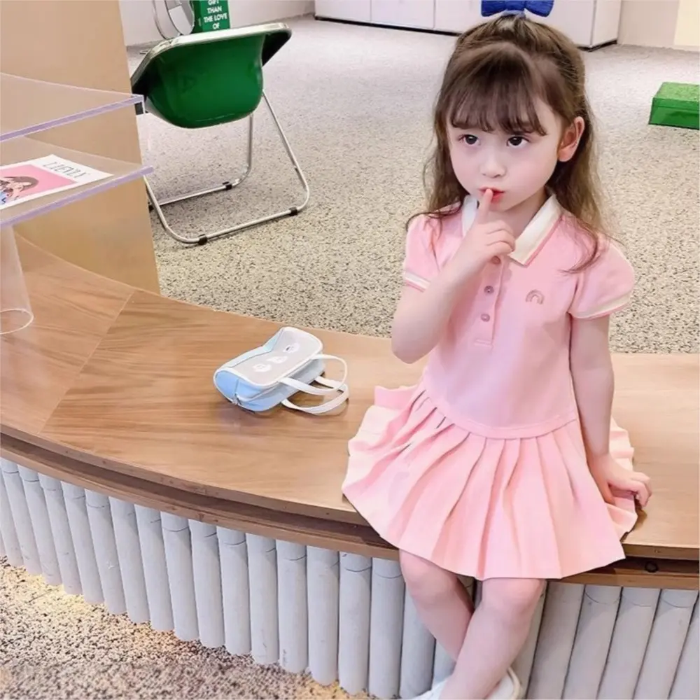 Girl's Princess Polo Dress 2025 New Summer Children's Baby Short Sleeves Cute Sweet Pink Casual Pleated
