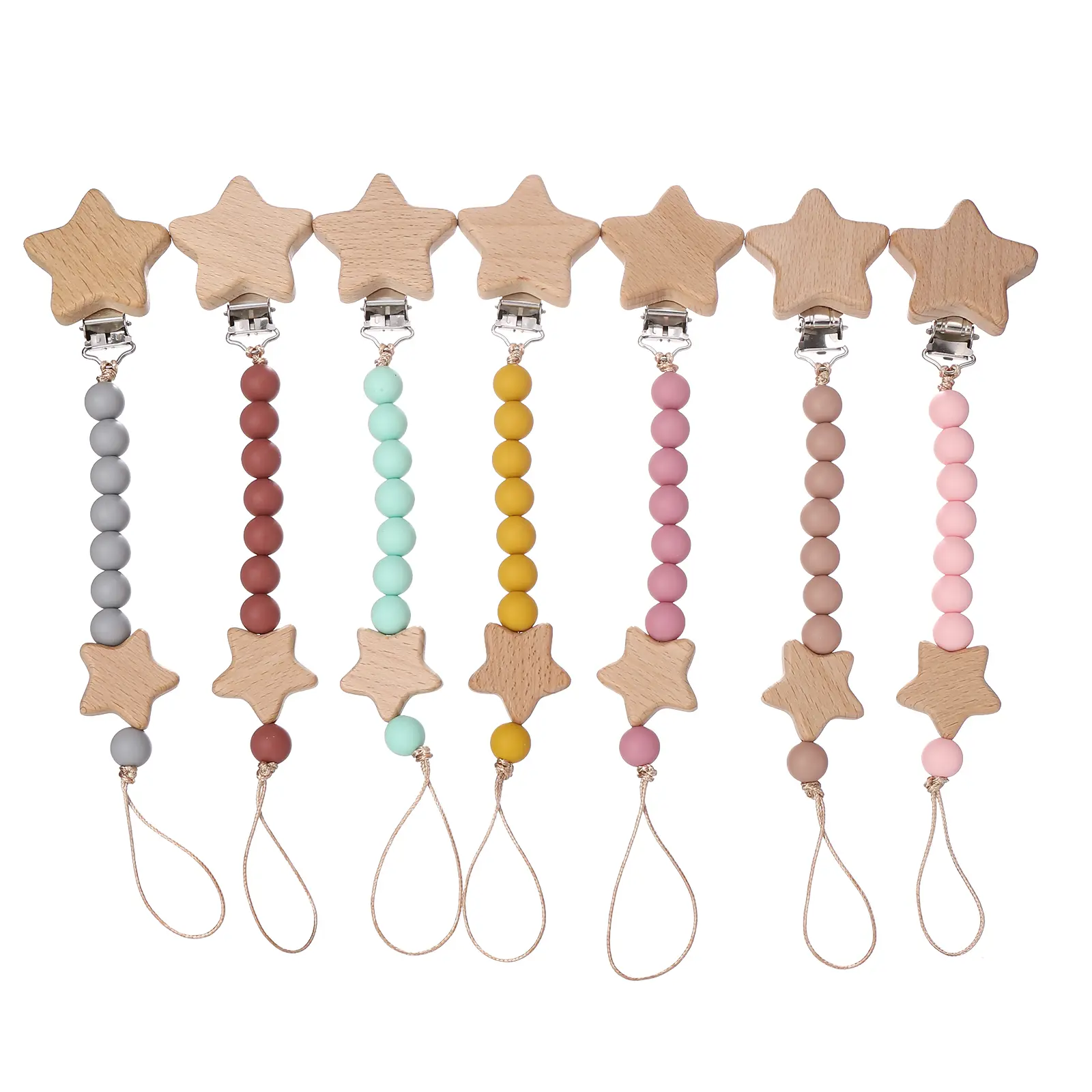 New Baby Pacifier Chain Clips Wood Pentagram Teether Silicone Round Beads Teething Chain For Care Soother Chew Toys Shower Gift