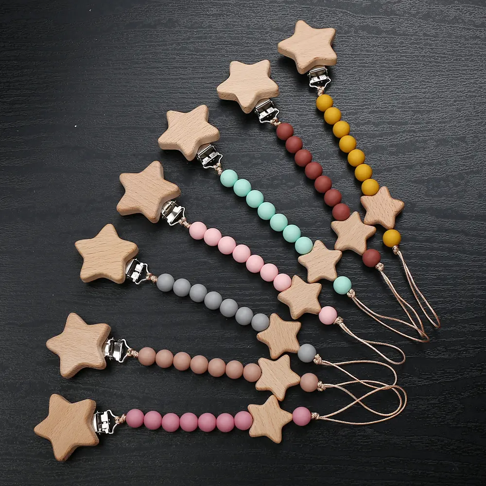 New Baby Pacifier Chain Clips Wood Pentagram Teether Silicone Round Beads Teething Chain For Care Soother Chew Toys Shower Gift