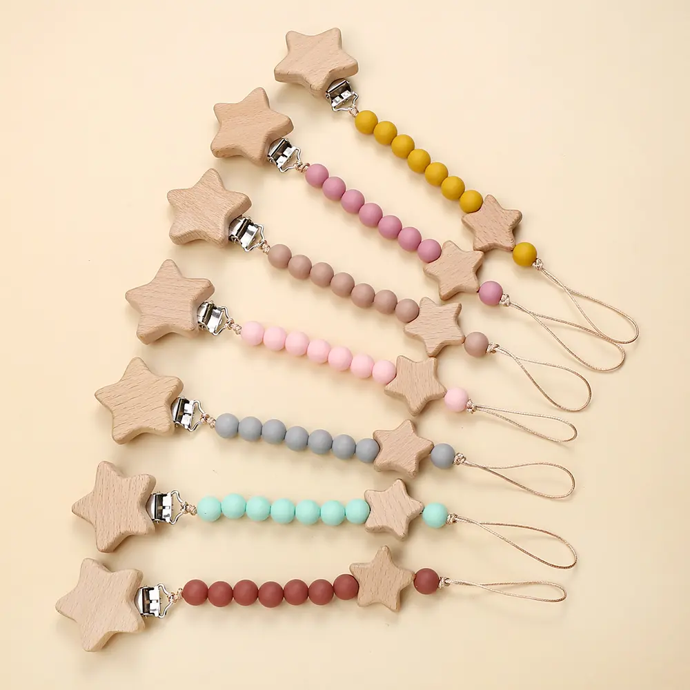 New Baby Pacifier Chain Clips Wood Pentagram Teether Silicone Round Beads Teething Chain For Care Soother Chew Toys Shower Gift