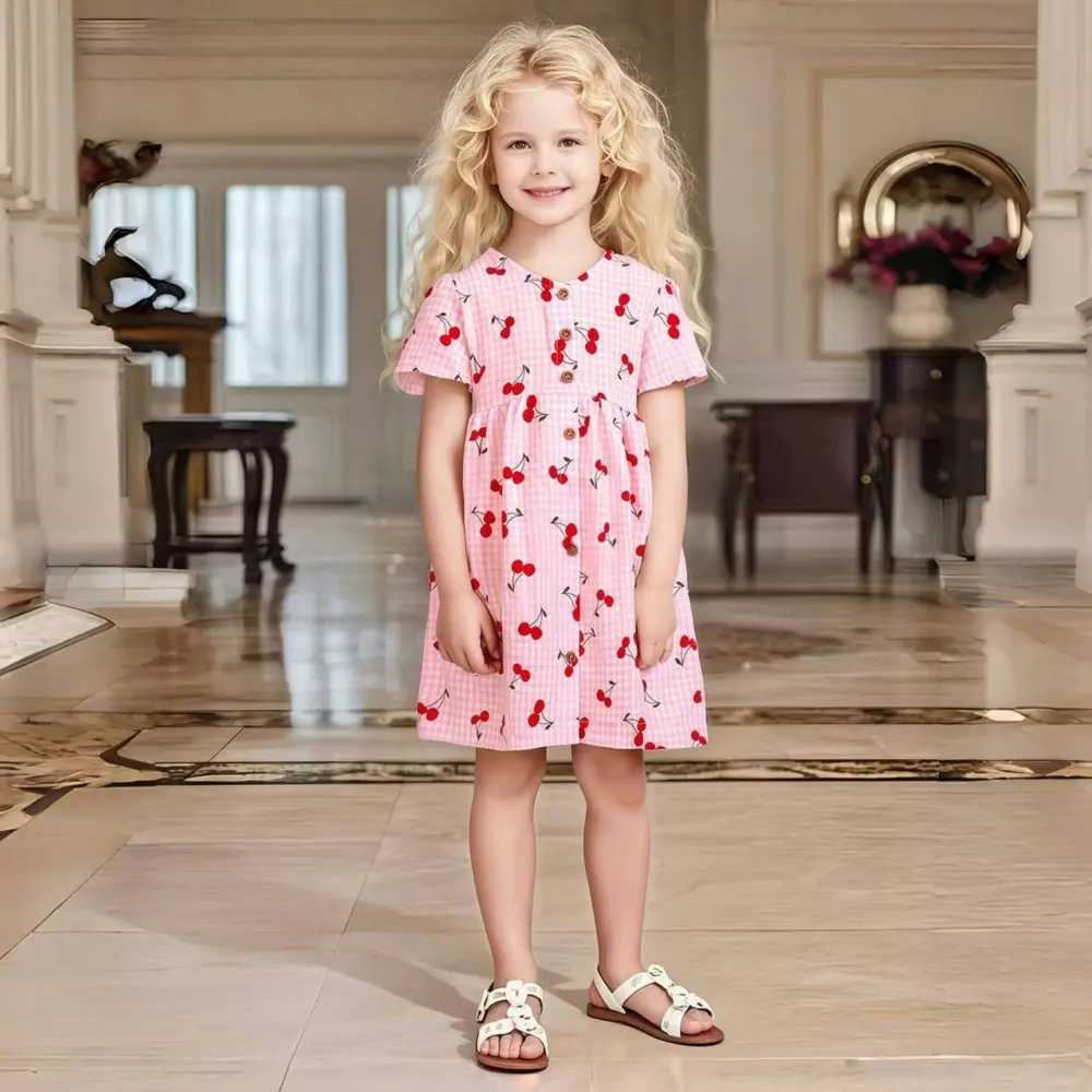 Infant Babys Girls Dresses Summer Bubble Short Sleeve Toddler Girls Princess Dress Cherry Kids Girls Dresses
