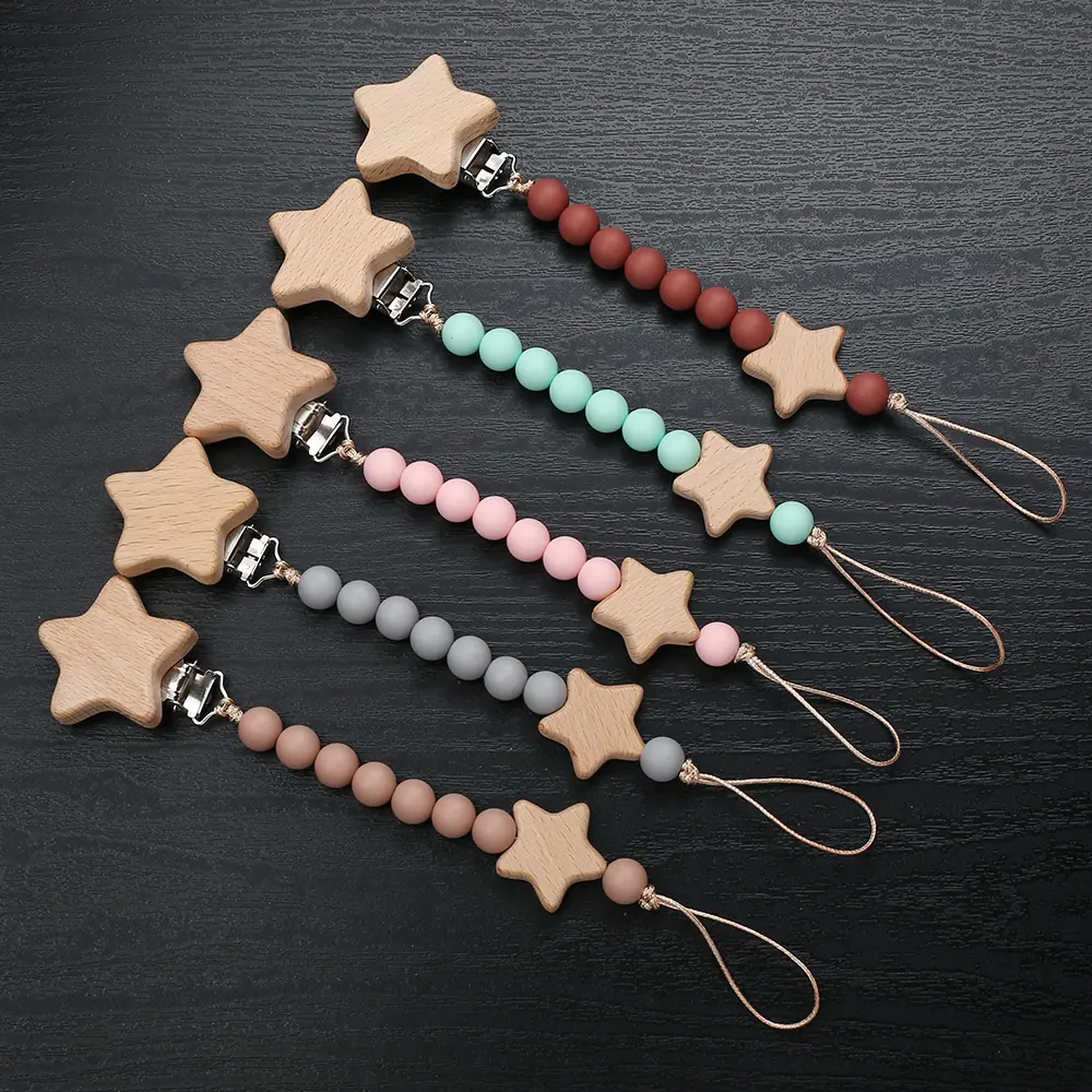 New Baby Pacifier Chain Clips Wood Pentagram Teether Silicone Round Beads Teething Chain For Care Soother Chew Toys Shower Gift