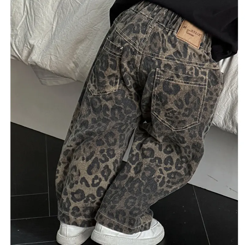 Leopard Jeans For Kids Boys Girls Cool Long Jeans Fashion 2025 Casual Street Style Children's Autumn Pants