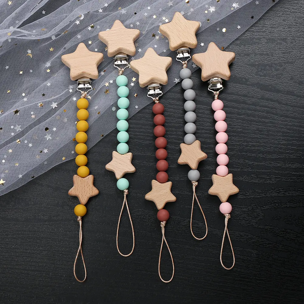 New Baby Pacifier Chain Clips Wood Pentagram Teether Silicone Round Beads Teething Chain For Care Soother Chew Toys Shower Gift