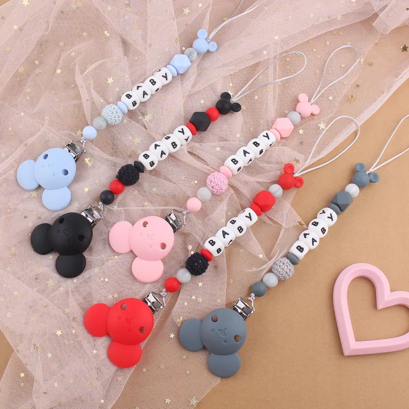 Mouse Silicone Beads Personalized Name Baby Pacifier Clips Chain Holders Baby Shower Gifts Dummy Clips BPA FREE Accessories