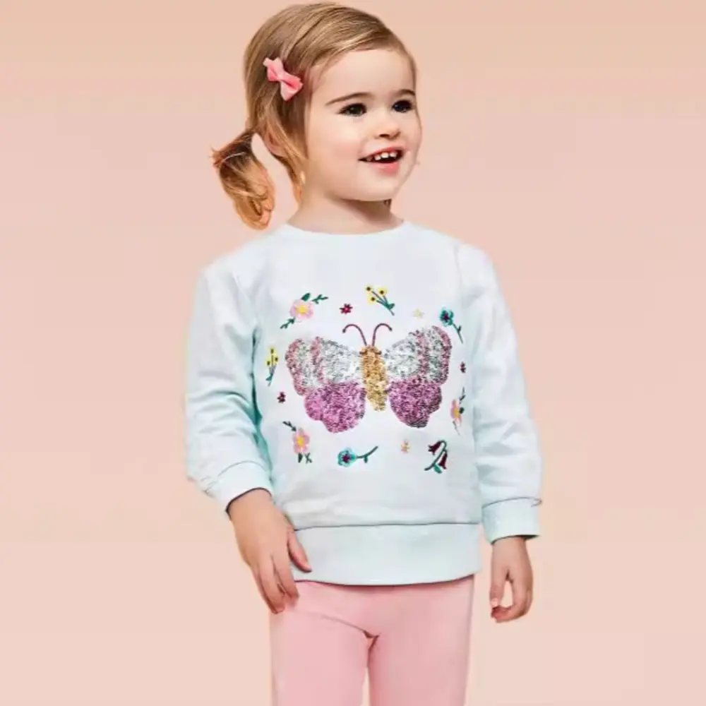 Girls' Light Blue Sequin Embellished Butterfly Sweatshirt Soft & Comfortable Adorable Toddler Kids Pullover