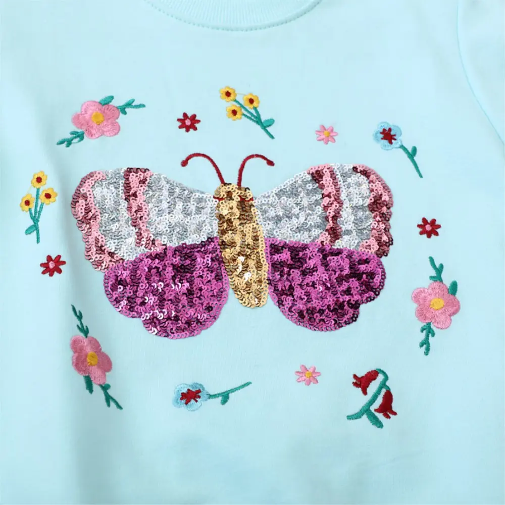 Girls' Light Blue Sequin Embellished Butterfly Sweatshirt Soft & Comfortable Adorable Toddler Kids Pullover