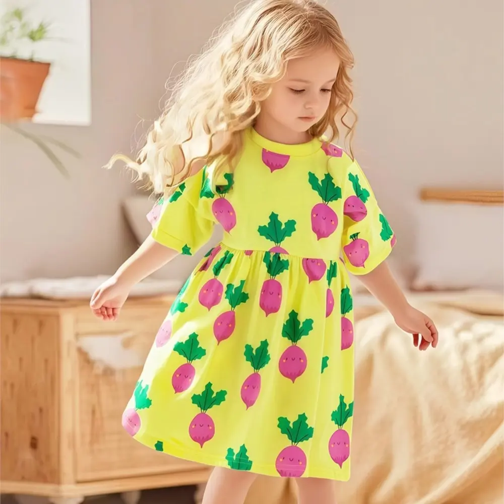 Girls' Yellow Short - Sleeve Dress - with Adorable Pink Radish Print - Suitable for Ages 2 - 7